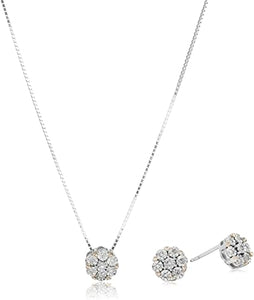 Silver 1/10 Cttw Diamond Miracle-Plate 18" Pendant Necklace and Stud Earrings Jewelry Set - Choice of Metal Colors