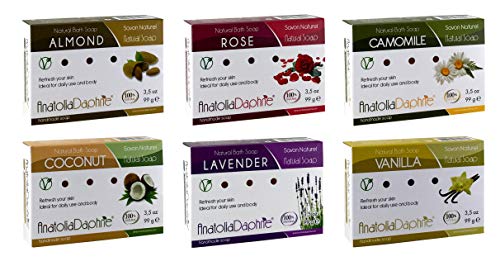 Anatolia Daphne 100% Natural Soap w/ Organic Ingredients, Vegan, Moisturizing, Handmade, Scented w/ Premium Essential Oils, Body Soap, Face Soap,and Bath Soap, Detox Spa Soap Bar Gift Set, 3.5 oz (Deluxe, Mix of 6)