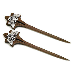 Brown Wooden Hairsticks with Silver Lotus Designs (Pair)