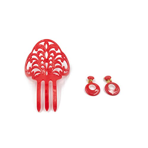 Ole Ole Flamenco Girl Comb Red with Clip Earrings bundle Flamenco Dancer Spanish Combs Peineta Flamenca Ornamental Hair Pins