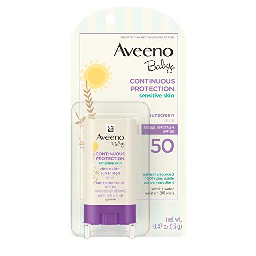 Aveeno Baby Continuous Protection Sensitive Skin Mineral Sunscreen Stick with Broad Spectrum SPF 50 for Face & Body, Naturally Sourced 100% Zinc Oxide, Travel Size, 0.47 Oz