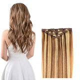 20" Clip in Hair Extensions Remy Human Hair for Women - Silky Straight Long Human Hair Clip on Extensions 75grams 4pieces #6/613 Color