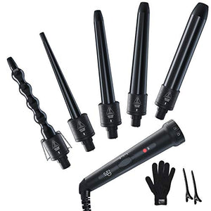 5 in 1 Curling Iron Wand Set, Ohuhu Upgrade Curling Wand 5Pcs 0.35 to 1.25 Inch Interchangeable Ceramic Barrel Heat Protective Glove, Dual Voltage Hair Curler, Black, Valentine's Day Gift