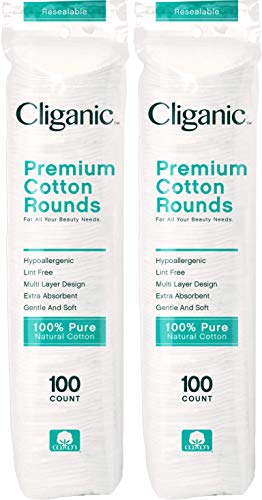Cliganic Premium Cotton Rounds for Face (200 Count) | Makeup Remover Pads, Hypoallergenic, Lint-Free | 100% Pure Cotton