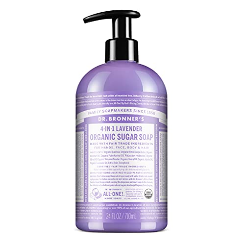 Dr. Bronner’s - Organic Sugar Soap (Lavender, 24 Ounce) - Made with Organic Oils, Sugar and Shikakai Powder, 4-in-1 Uses: Hands, Body, Face and Hair, Cleanses, Moisturizes and Nourishes, Vegan
