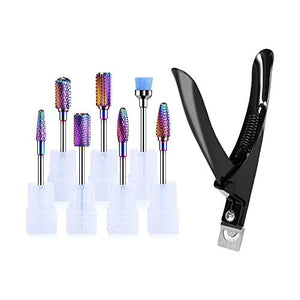 MelodySusie Nail Drill Bits Set with Acrylic Nail Clippers, 7pcs Tungsten Carbide Nail Bits for Nail Drill E-file, 3/32 inch Bits Manicure Pedicure Remover Tools for Acrylic Gel Nails