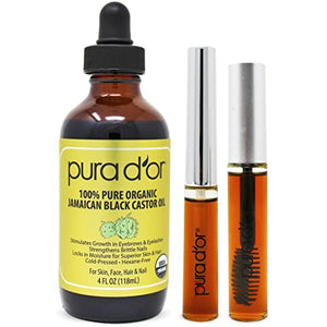PURA D’OR Organic Jamaican Black Castor Oil (4oz) 100% Pure USDA Organic - Cold Pressed - For Lashes, Brows, Skin & Hair - Promotes Thicker Eyebrows, Eyelashes & Healthier Skin With Bonus Brush Kits