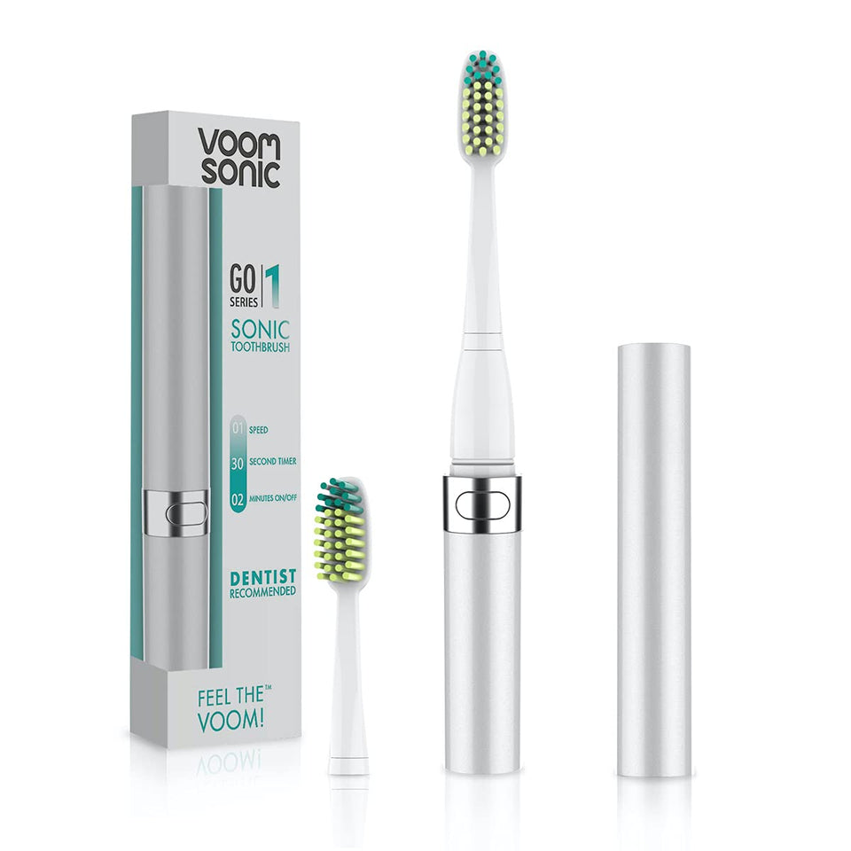 Voom Sonic Go 1 Series Rechargeable Battery-Operated Electric Toothbrush | Dentist Recommended | Portable Oral Care | 2 Minute Timer | Light Weight Design | Soft Dupont Nylon Bristles, Silver