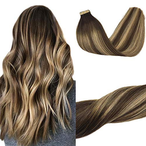 GOO GOO Hair Extensions Tape in Balayage Chocolate Brown to Honey Blonde 16 Inch 50g 20pcs Human Hair Extensions Straight Real Hair Extensions Tape in Remy Hair Extensions