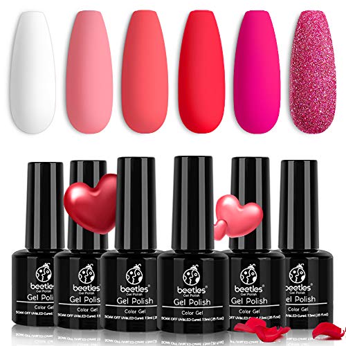 Beetles Valentine's Day Glitter Baby Pink Red Gel Nail Polish Set 6 Colors Pink White Gel Polish Kit Soak Off LED Lamp Nail Gel Kit Christmas New Year Girlfriend Gift for Women Mom Manicure Kit
