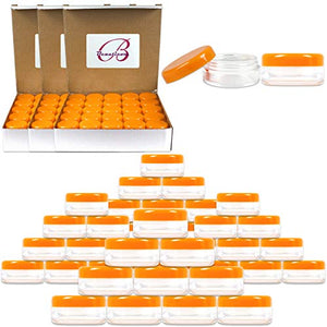 (Quantity: 200 Pieces) Beauticom 5G/5ML Round Clear Jars with ORANGE Lids for Scrubs, Oils, Toner, Salves, Creams, Lotions, Makeup Samples, Lip Balms