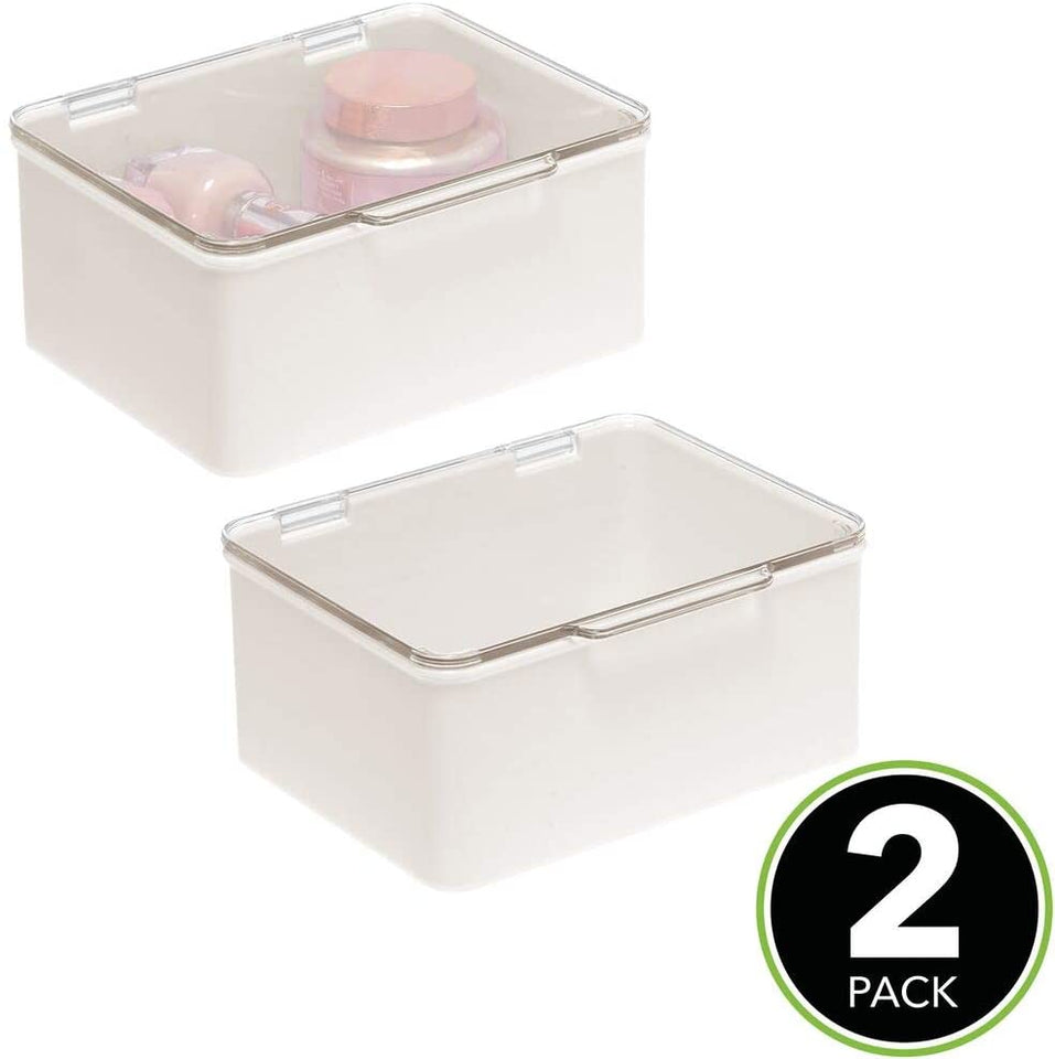 mDesign Plastic Stackable Bathroom Vanity Countertop Storage Cosmetic Organizer Box with Hinged Lid for Makeup, Beauty, Hair, Nail Supplies - 2 Pack - Cream/Clear