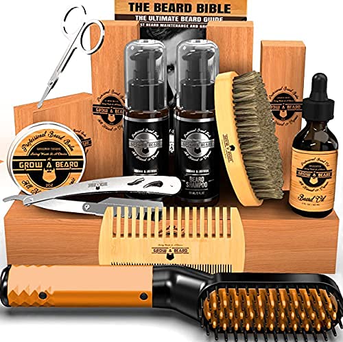 Beard Straightener Grooming Kit for Men, 2 Oz Growth Oil, 2 Oz Sandalwood Balm, Beard Wash, Beard Brush & Comb, Beard Conditioner, Beard Razor and Scissors, & Beard E-Book, Great for Christmas Gift