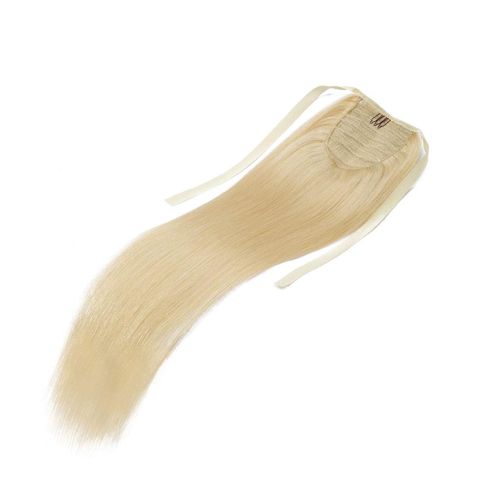 20 Inches Tie Up Human Hair Ponytail Extensions 100% Remy Human Hair Pony Tails Long Straight Silky With Comb Clip in One Piece Wrap Pony Tail Extensions For Women #613 Bleach Blonde 95g
