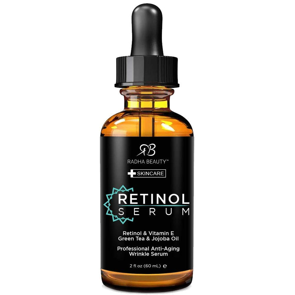 Radha Beauty Retinol Serum 2 oz. - with Hyaluronic Acid, Vitamin E, Jojoba, and Green Tea. Facial Serum for Anti-Aging, Wrinkles, and Fine Lines