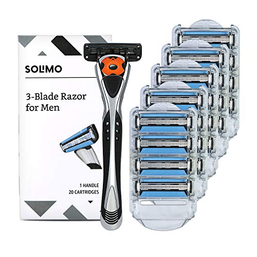 Amazon Brand - Solimo 3-Blade MotionSphere Razor for Men with Dual Lubrication, Handle & 20 Cartridges (Cartridges fit Solimo Razor Handles only)