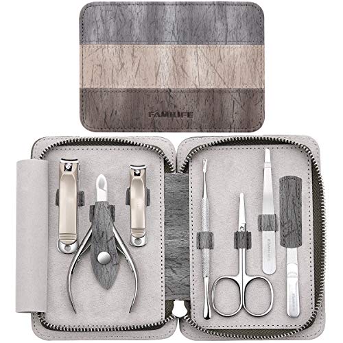 FAMILIFE Manicure Set, 7 in 1 Professional L14 Manicure Pedicure Set Stainless Steel Nail Clipper Set with Noble Portable Gray Travel Case Gift for Women Men