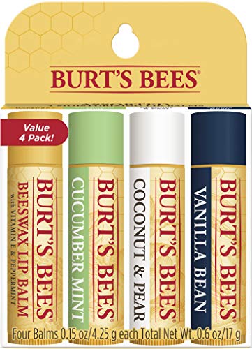 Lip Balm, Burt's Bees Moisturizing Lip Care Valentine's Gift for Men & Women, 100% Natural, Original Beeswax, Cucumber Mint, Coconut & Pear, Vanilla Bean with Beeswax & Fruit Extracts (4 Pack)