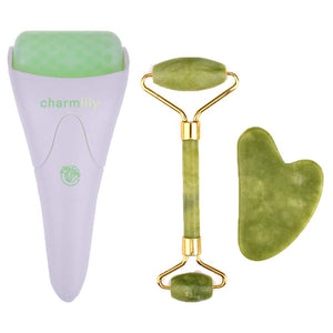 Jade & Ice Roller + Gua Sha Massager Tool Set for Face & Eyes by Charmlily, Puffiness, Reduce Wrinkle Aging, Migraine, Pain Relief on Neck & Body, Cold Facial Original Natural Stone - 3 in 1