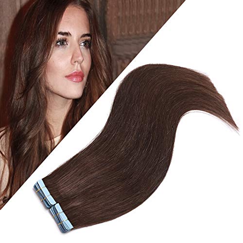 40 Pieces Rooted Tape in Hair Extensions Medium Brown 12inch Tape on 100% Remy Human Hair Long Straight Seamless Skin Weft Invisible Double Sided for Women 12inch=80g #4