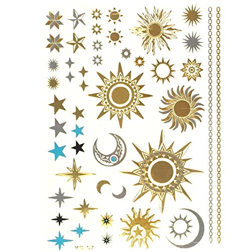 Allydrew Large Metallic Gold Silver and Black Body Art Temporary Tattoos, Sun, Moon, Stars