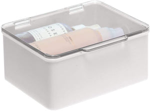 mDesign Plastic Stackable Bathroom Vanity Countertop Storage Cosmetic Organizer Box with Hinged Lid for Makeup, Beauty, Hair, Nail Supplies - 2 Pack - Light Gray/Clear