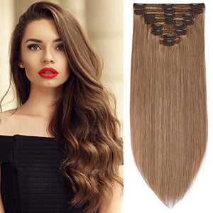 S-noilite Clip in Human Hair Extensions 100% Real Remy Thick True Double Weft Full Head 8 Pieces 18 clips Straight silky (14 inch - 120g,Dark Blonde (#27))