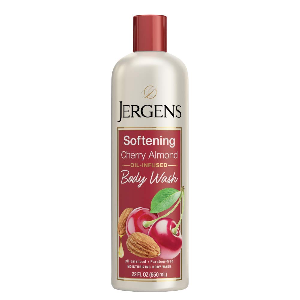 Jergens Softening Cherry Almond Body Wash, Daily Moisturizing Skin Cleanser, Paraben Free, 22 Ounces, Infused with Cherry Almond, pH Balanced, Dye Free, Dermatologist Tested (Packaging May Vary)