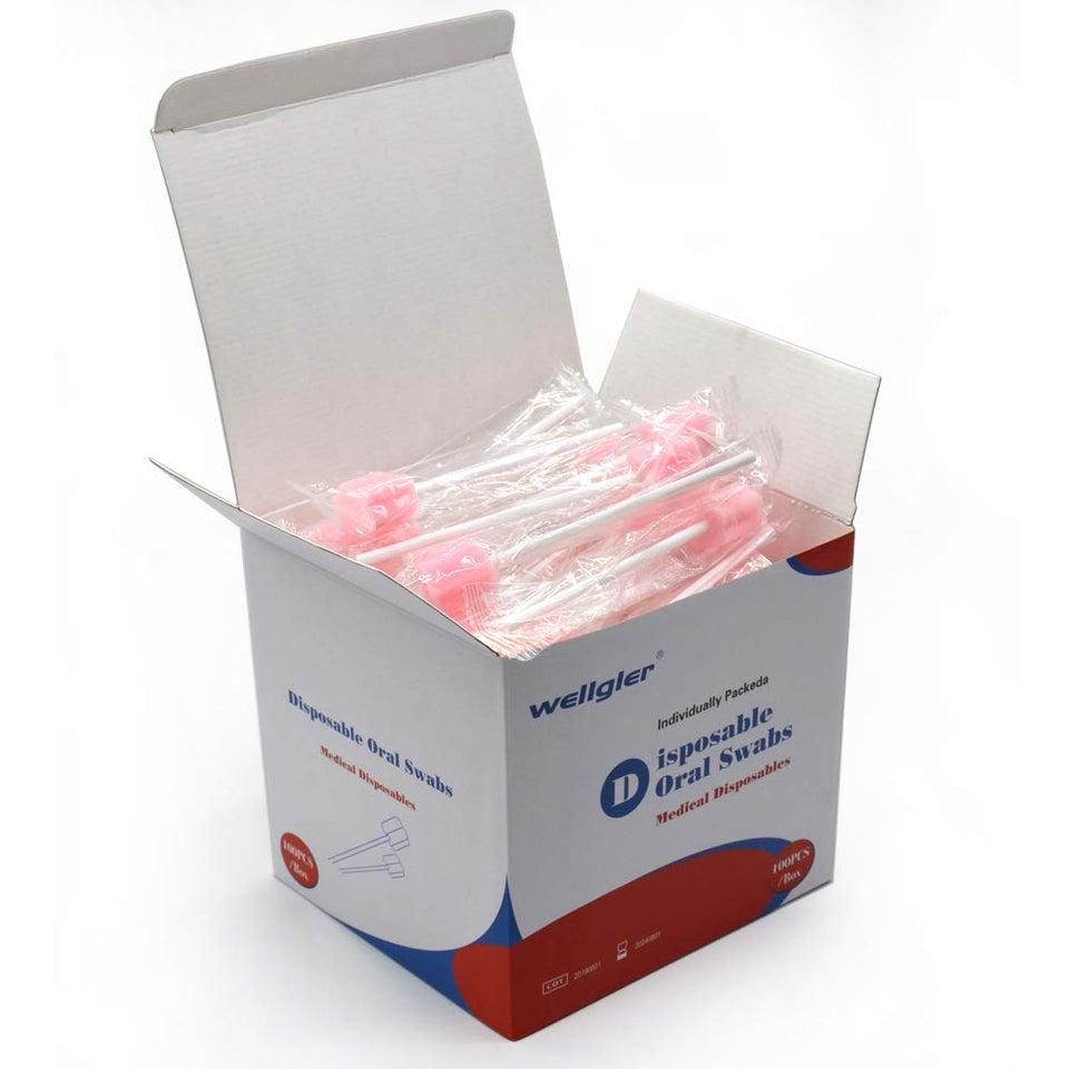 Wellgler's Disposable Oral Care Swabs, Sterile Sponge Mouth Swabs (100pcs, pink)