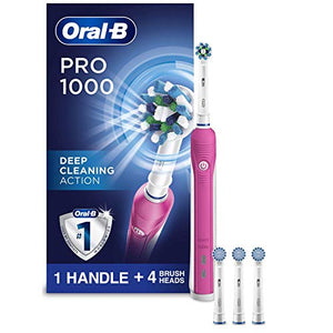 Oral-B Pro 1000 CrossAction Electric Toothbrush, Pink, Powered by Braun with 3 Replacement Brush Heads