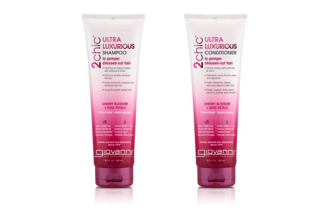 GIOVANNI 2chic Ultra Luxurious Shampoo & Conditioner Set, Cherry Blossom & Rose Petals, Enriched with Aloe Vera, Calms and Smooths Curly & Wavy Hair, Sulfate Free, Color Safe, Paraben Free, 8.5 Fl Oz