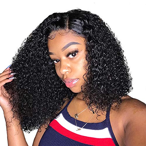 ISEE Hair Lace Front Wigs Human Hair Short Bob Wigs For Black Women Brazilian Kinky Curly Wavy 4x4 Lace Closure Wigs Pre Plucked with Baby Hair 150% Density (14inch)