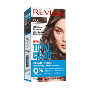 Revlon Total Color Permanent Hair Color, Clean and Vegan, 100% Gray Coverage Hair Dye, 60 Light Natural Brown, 3.5 oz