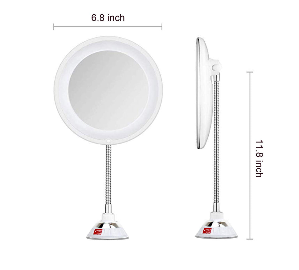 TOP4EVER Flexible 10X Magnifying Suction Mirror, Dimmable LED Lighted Vanity Mirror,Power Locking Suction Cup with Day Light and 360 Degree Swivel, Portable Vanity Mirror for Home Bathroom