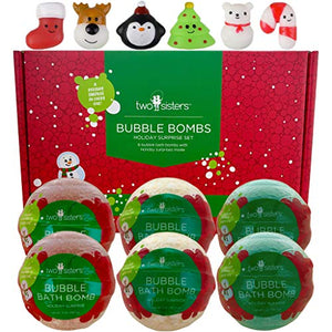 Christmas Squishy Bubble Bath Bombs for Kids with Surprise Holiday Squishy Toys Inside by Two Sisters. 6 Large 99% Natural Fizzies in Gift Box. Moisturizes Dry Skin. Releases Color, Scent, Bubbles