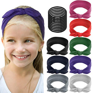 ShameOnJane 8 pack of Colorful Headbands for Girls, Girls Headbands - Removable Bow - Cute Hair Accessories for Girls with 10 Extra Hair Elastics (Bow)