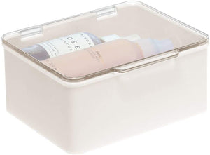 mDesign Plastic Stackable Bathroom Vanity Countertop Storage Cosmetic Organizer Box with Hinged Lid for Makeup, Beauty, Hair, Nail Supplies - 2 Pack - Cream/Clear