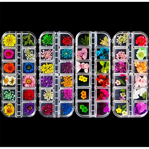 ANPHSIN 4 Boxes Dried Flowers Nail Art- 48 Colors Mini Natural Real Dry Flowers 3D Applique Art Resin Art Supplies with Tweezers for Nail Decoration Sticker Nail Tips Manicure