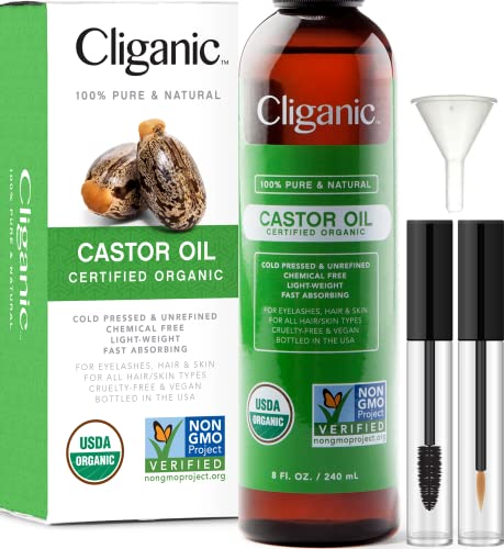 Cliganic USDA Organic Castor Oil, 100% Pure (8oz with Eyelash Kit) - For Eyelashes, Eyebrows, Hair & Skin | Natural Cold Pressed Unrefined Hexane-Free | DIY Carrier Oil | Cliganic 90 Days Warranty