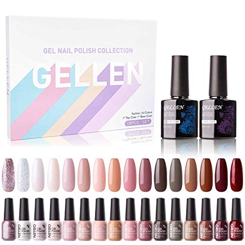 Gel Nail Polish Kit - Gellen 16 Colors Gel Polish Series, With Top&Base Coats, Warm Earth Tones Classic Brown/Nude/Red/Pins Fall Winter Home Gel Manicure Kit