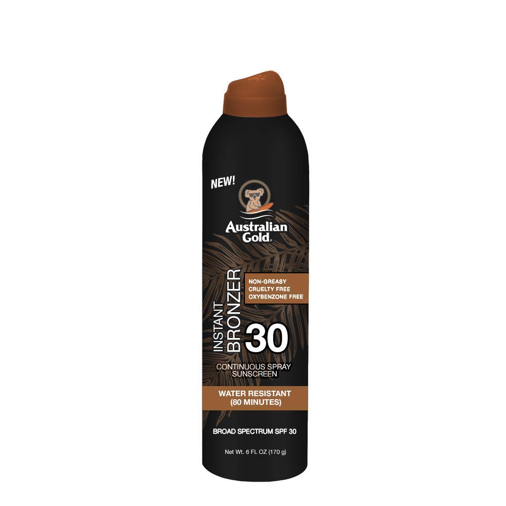 Australian Gold Continuous Spray Sunscreen with Instant Bronzer SPF 30, Immediate Glow & Dries Fast Water Resistant NonGreasy Oxybenzone Free Cruelty Free, Bronzer New, Orange, 6 Oz