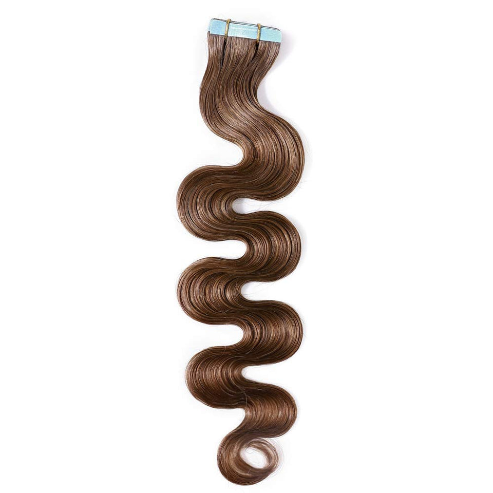 14 Inch Remy Tape in Hair Extensions Wavy Human Hair #6 Body Wave 40pcs 80g Hair Seamless Skin Weft Glue in Human Hairpieces with Invisible Double Sided Tape Light Brown