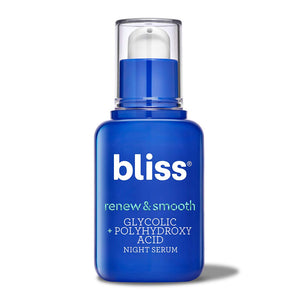 Bliss Renew & Smooth Night Serum, Resurfacing & Brightening Face Serum with Glycolic & Polyhydroxy Acid, Vegan & Cruelty-Free, 1 oz