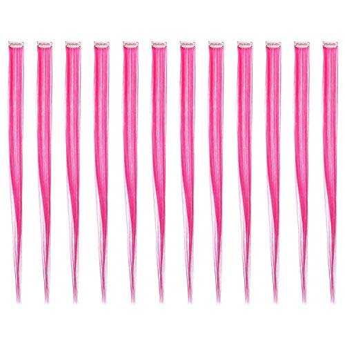 SWACC 12 Pcs Straight One Color Party Highlights Clip on in Hair Extensions Colored Hair Streak Synthetic Hairpieces (Neon Pink)