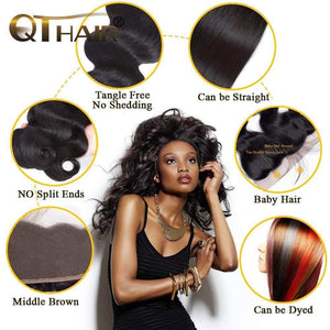 QTHAIR 12A Grade Brazilian Body Wave Bundles with Frontal (16 "18" 18"+14")13x4 Ear To Ear with Baby Hair 100% Unprocessed Virgin Brazilian Human Hair Weave