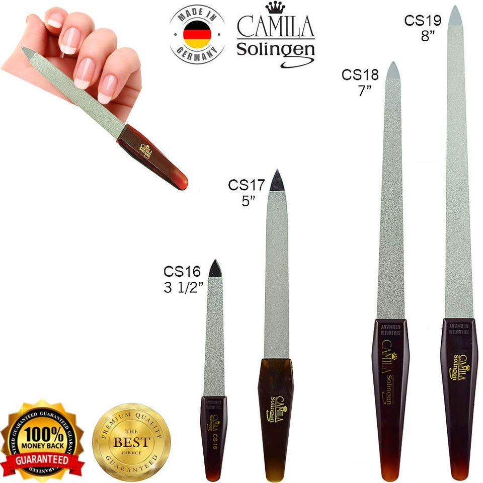 Camila Solingen CS16 3.5 inch 2 Pack Professional Sapphire Metal Nail File Pointed for Fingernail and Toenail Care. Double Sided Coarse Fine for Manicure/Pedicure. Made of Stainless Steel, Solingen