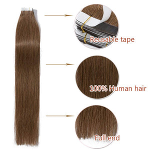 Tape In Human Hair Extensions Double Side Tape Seamless Skin Weft Invisible Hair Extensions Hightlight Balayage Natural Silk Straight For Women (18'',50g/20pcs,#6 Light Brown)