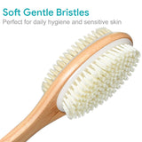 Metene Bamboo Body Brush with Stiff and Soft Natural Bristles, Back Scrubber for Shower with Long Handle, Dual-sided Brush Head for Wet or Dry Brushing, Exfoliating Skin and Clean the Body Easily