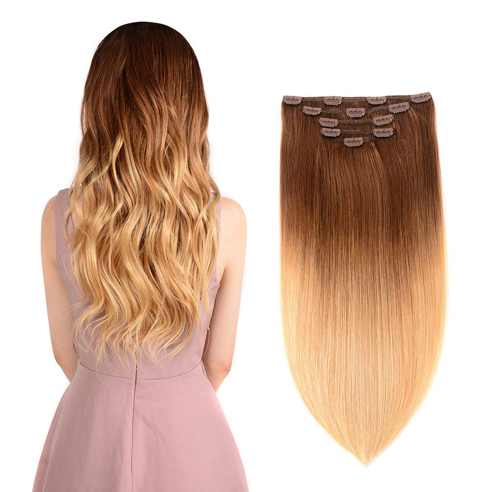 5 Pieces 16" Remy Clip in Hair Extensions Human Hair light Brown to Dirty Blonde Ombre - Silky Straight Short Thick Real Hair Extensions for Women (16 inches, 8T24, 80grams)