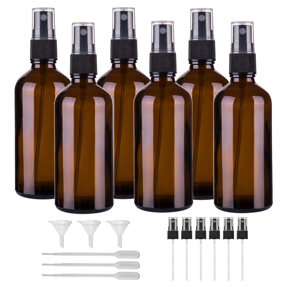 Hydior 4oz Amber Glass Spray Bottle for Essential Oil, Empty Fine Mist Spray Bottle, 6 Pack
